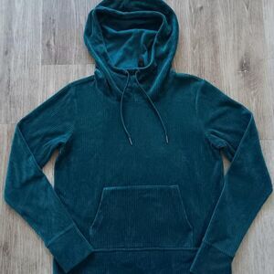 Gaiam elena cowl hoodie womens XS ribbed velvety deep teal thumbholes pockets